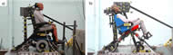 The figure shows two typical pre-test WC19 wheelchair setup photos used to digitize the data presented in this paper.  One is a power wheelchair loaded with a mid-sized male crash-test dummy and the other is a stroller-type wheelchair loaded with a small adult female crash-test dummy.  Labels on the photos show how different sets of points were used to calculate the location of the upper shoulder-belt 